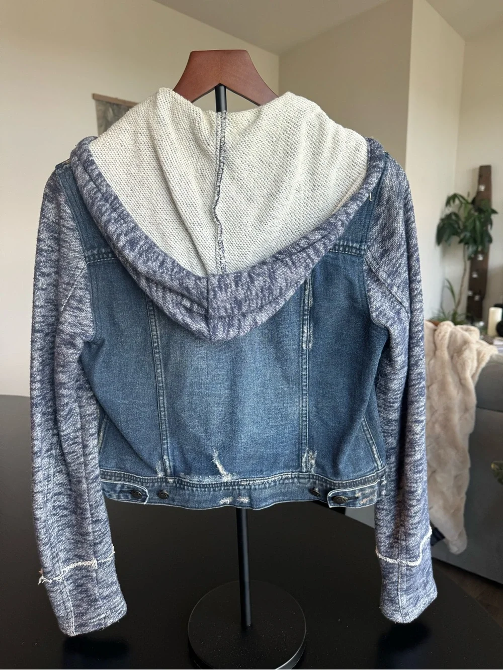 Vintage Free People Denim Hooded Jacket with Blue Knit Sleeves - Picture 2 of 5